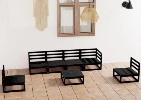 Set mobilier de grădină, 7 piese, negru, lemn masiv de pin - 1/5