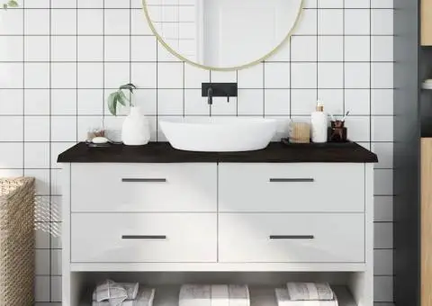 Blat de baie, maro închis, 140x50x(2-4) cm, lemn masiv tratat - 1/5