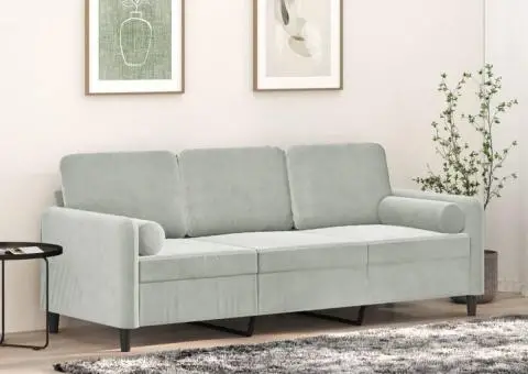 Canapea cu 3 locuri cu pernuțe, gri deschis, 180 cm, catifea - 1/5