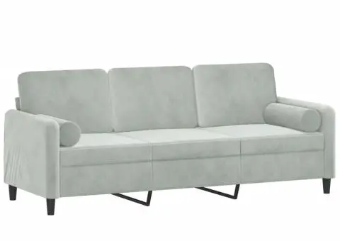 Canapea cu 3 locuri cu pernuțe, gri deschis, 180 cm, catifea - 3/5