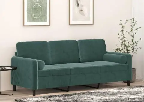 Canapea cu 3 locuri cu pernuțe, verde închis, 180 cm, catifea - 1/5