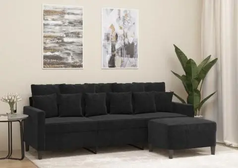 Canapea cu 3 locuri și taburet, negru, 180 cm, catifea - 1/5