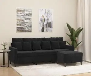 vidaXL Canapea cu 3 locuri și taburet, negru, 180 cm, catifea