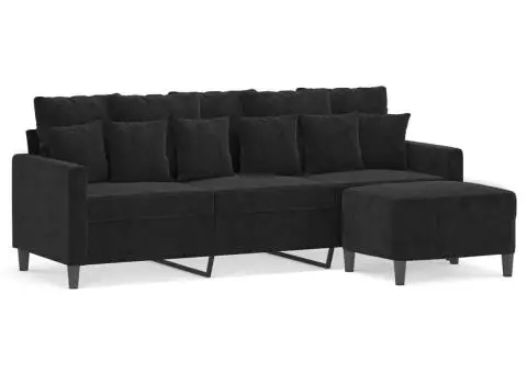 Canapea cu 3 locuri și taburet, negru, 180 cm, catifea - 2/5