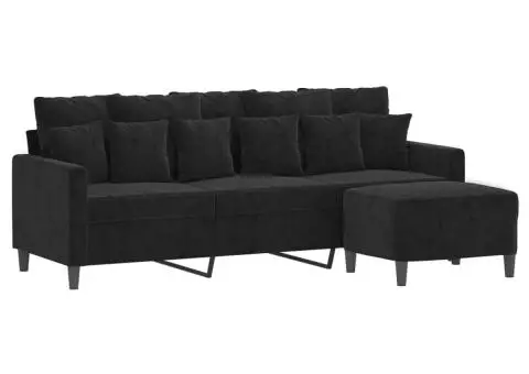 Canapea cu 3 locuri și taburet, negru, 180 cm, catifea - 3/5
