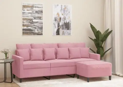 Canapea cu 3 locuri și taburet, roz, 180 cm, catifea - 1/5