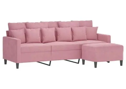 Canapea cu 3 locuri și taburet, roz, 180 cm, catifea - 3/5