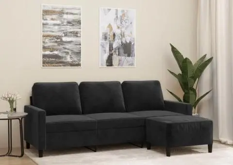 Canapea cu 3 locuri și taburet, negru, 180 cm, catifea - 1/5