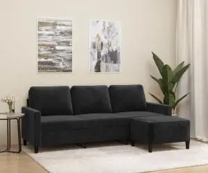 vidaXL Canapea cu 3 locuri și taburet, negru, 180 cm, catifea