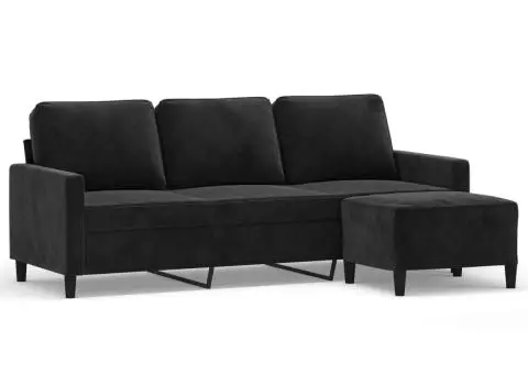 Canapea cu 3 locuri și taburet, negru, 180 cm, catifea - 2/5