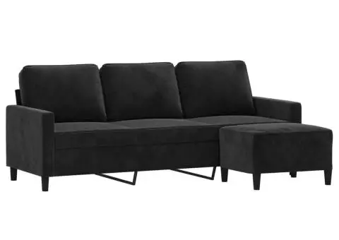 Canapea cu 3 locuri și taburet, negru, 180 cm, catifea - 3/5