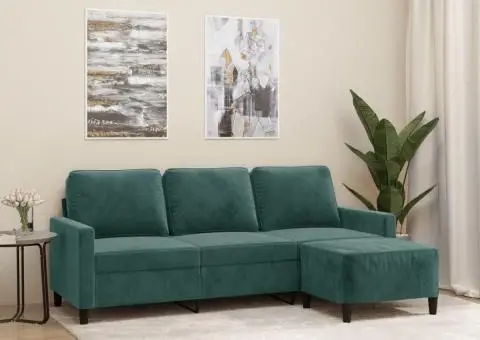 Canapea cu 3 locuri și taburet, verde închis, 180 cm, catifea - 1/5
