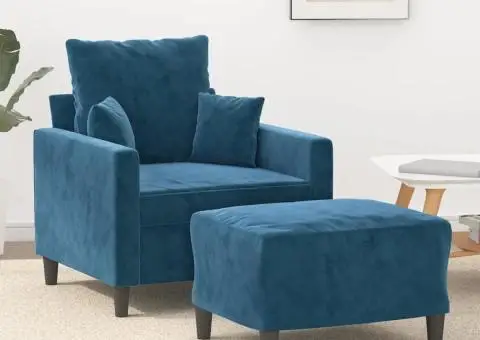 Fotoliu canapea cu taburet, albastru, 60 cm, catifea - 1/5