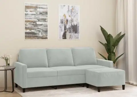 Canapea cu 3 locuri și taburet, gri deschis, 180 cm, catifea - 1/5