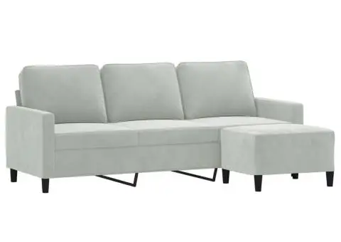 Canapea cu 3 locuri și taburet, gri deschis, 180 cm, catifea - 3/5