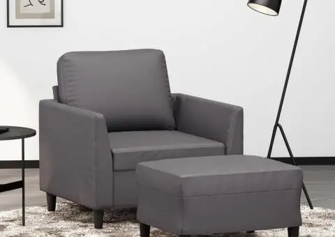 Fotoliu canapea cu taburet, gri, 60 cm, piele ecologică - 1/5