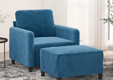 Fotoliu canapea cu taburet, albastru, 60 cm, catifea - 1/5