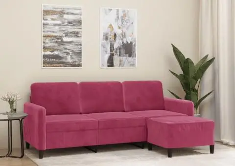 Canapea cu 3 locuri și taburet, roșu vin, 180 cm, catifea - 1/5