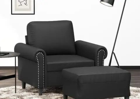 Fotoliu canapea cu taburet, negru, 60 cm, piele ecologică - 1/5