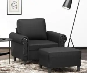 vidaXL Fotoliu canapea cu taburet, negru, 60 cm, piele ecologică