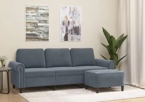 Canapea cu 3 locuri și taburet, gri închis, 180 cm, catifea - 1/5