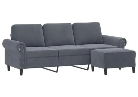 Canapea cu 3 locuri și taburet, gri închis, 180 cm, catifea - 3/5