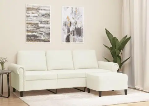 Canapea cu 3 locuri și taburet, crem, 180 cm, catifea - 1/5