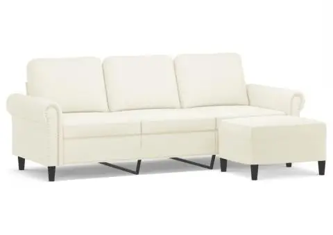 Canapea cu 3 locuri și taburet, crem, 180 cm, catifea - 2/5