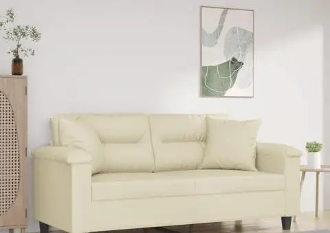 Canapea cu 2 locuri cu pernuțe, crem, 140 cm, piele ecologică - 1/5