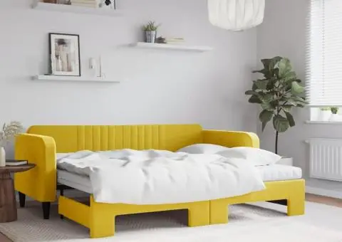 Pat de zi cu extensie și saltea, galben, 90x200 cm, catifea - 1/5