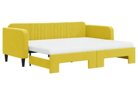 Pat de zi cu extensie și saltea, galben, 90x200 cm, catifea - 2/5