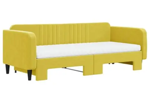 Pat de zi cu extensie și saltea, galben, 90x200 cm, catifea - 3/5