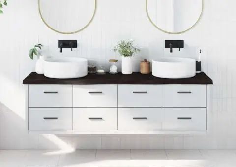 Blat de baie, maro închis, 180x60x(2-6) cm, lemn masiv tratat - 1/5