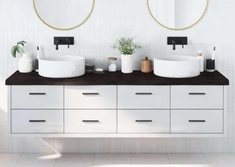 Blat de baie, maro închis, 200x60x(2-6) cm, lemn masiv tratat - 1/5