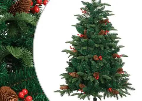 Pom Crăciun artificial cu balamale, conuri, fructe roșii 120 cm - 1/5