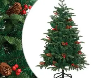vidaXL Pom Crăciun artificial cu balamale, conuri, fructe roșii 120 cm