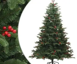 vidaXL Pom Crăciun artificial cu balamale, conuri, fructe roșii 180 cm