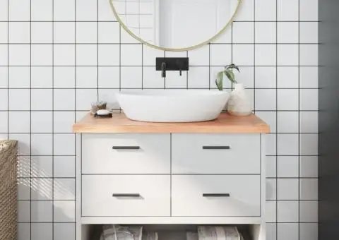 Blat de baie, maro deschis, 100x40x(2-4) cm, lemn masiv tratat - 1/5