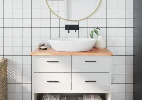 Blat de baie, maro deschis, 100x60x2 cm, lemn masiv tratat - 1/5