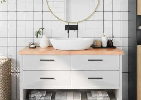 Blat de baie, maro deschis, 140x40x(2-6) cm, lemn masiv tratat - 1/5