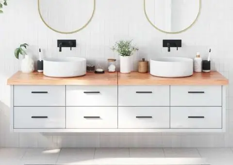 Blat de baie, maro deschis, 200x50x(2-6) cm, lemn masiv tratat - 1/5