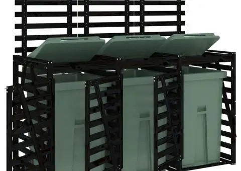 Magazie triplă depozitare coș de gunoi, negru, lemn masiv pin - 4/5