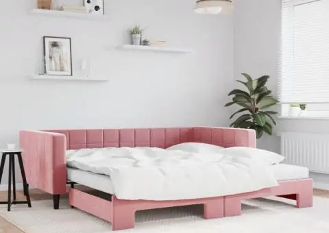 Pat de zi cu extensie și saltea, roz, 100x200 cm, catifea - 1/5