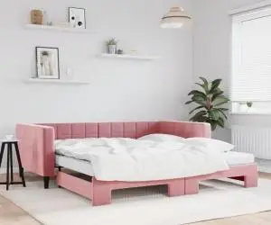 vidaXL Pat de zi cu extensie și saltea, roz, 100x200 cm, catifea