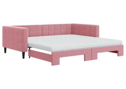 Pat de zi cu extensie și saltea, roz, 100x200 cm, catifea - 2/5