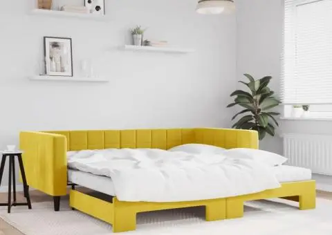 Pat de zi cu extensie și saltea, galben, 100x200 cm, catifea - 1/5