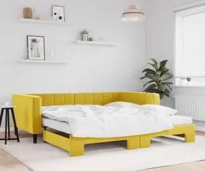 vidaXL Pat de zi cu extensie și saltea, galben, 100x200 cm, catifea