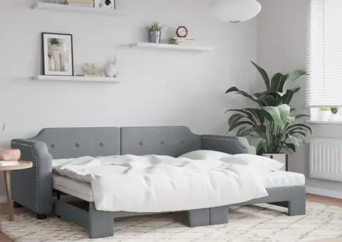 Pat de zi cu extensie și saltele, gri deschis, 80x200 cm textil - 1/5