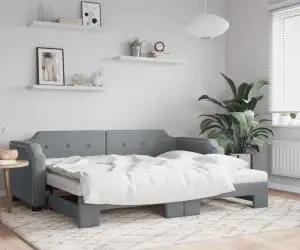 vidaXL Pat de zi cu extensie și saltele, gri deschis, 80x200 cm textil