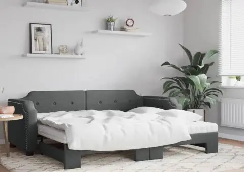 Pat de zi cu extensie și saltele, gri închis, 90x200 cm, textil - 1/5